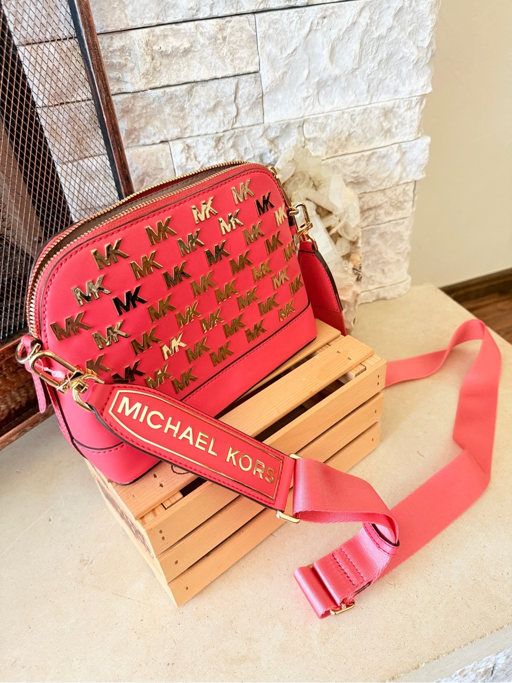 Michael Kors Coral Pink MK Logo Crossbody Camera Bag